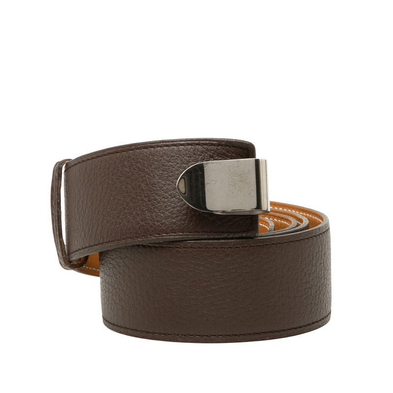 Hermes 85 Brown Silver Leather Belt