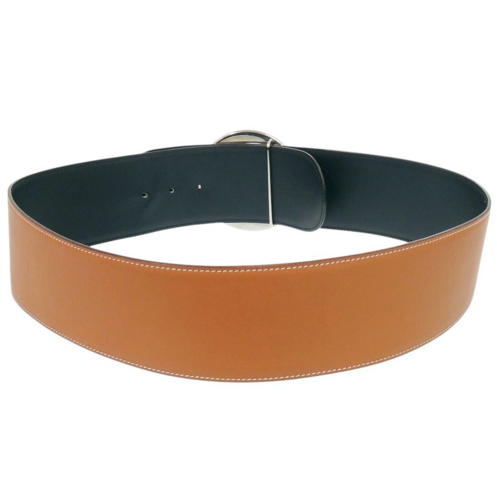 Hermes Round Buckle Leather Brown Silver Belt