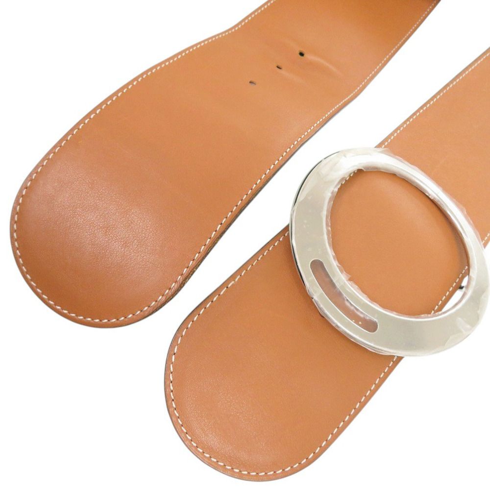 Hermes Round Buckle Leather Brown Silver Belt