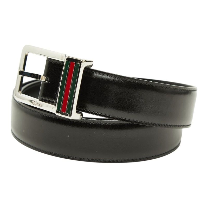 Gucci Sherry Line Square Logo Buckle Belt Black Silver Leather