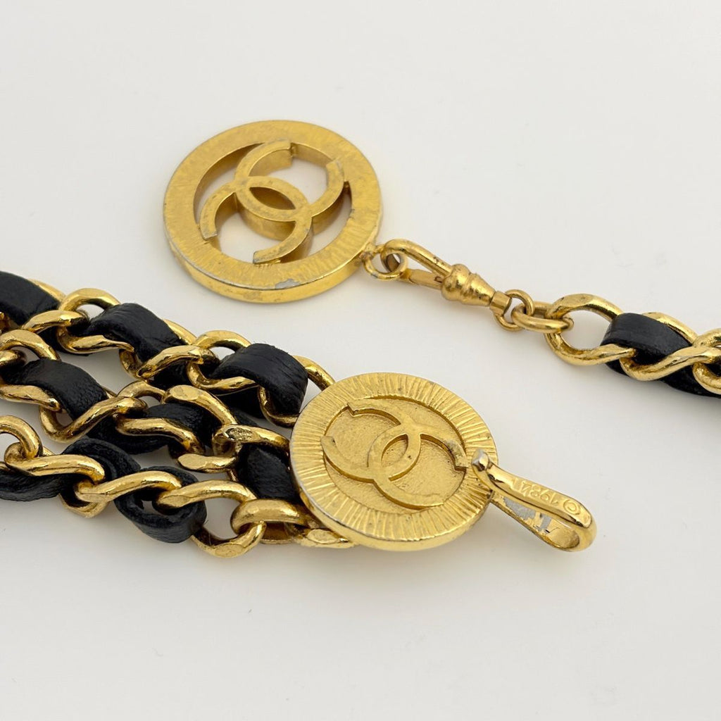 Chanel CC Logo Chain Belt Triple Strand Leather Gold Black