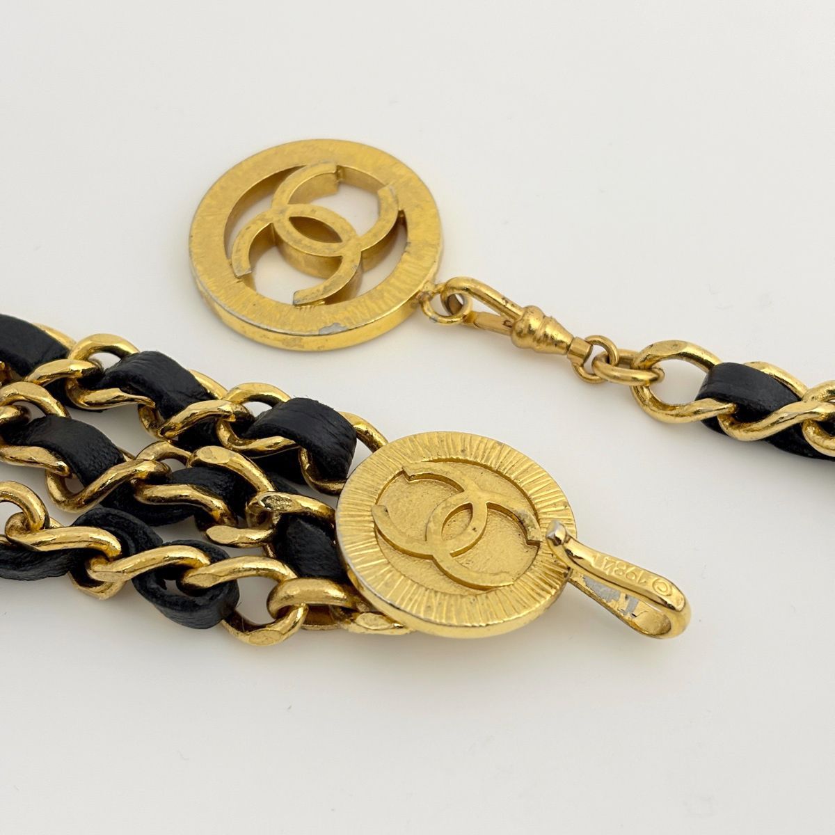 Chanel CC Logo Chain Belt Triple Strand Leather Gold Black