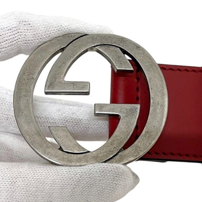 Gucci Belt Red Interlocking Waist 100 35 Leather Metal GG Logo Buckle