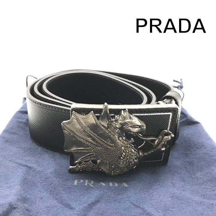 Prada Dragon Saffiano Leather Belt Animal Black Silver Bag Included