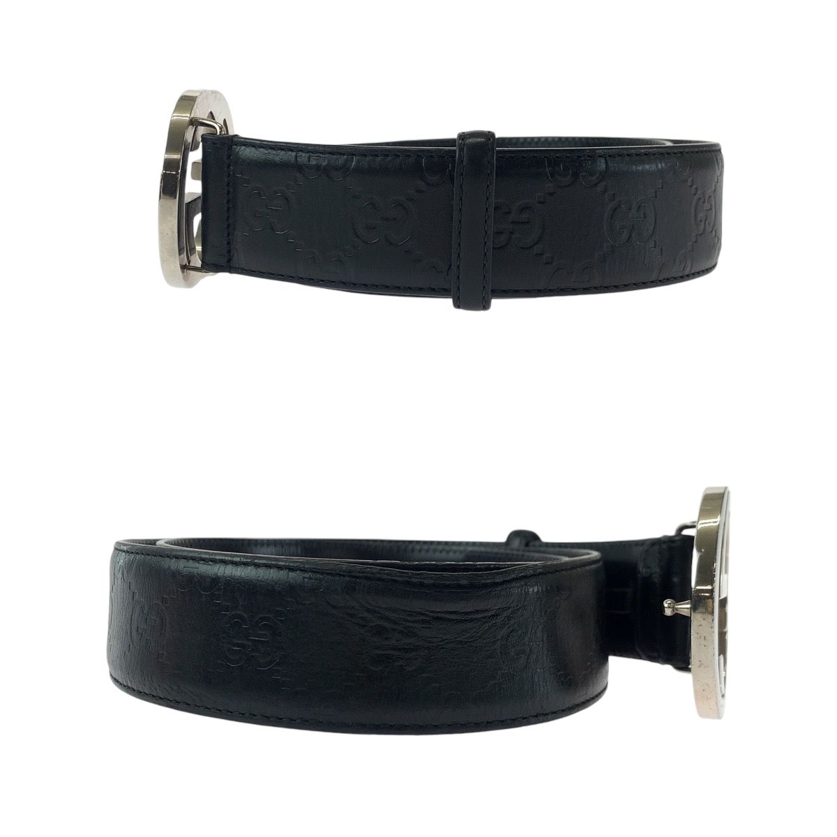 Gucci Guccissima Interlocking 85 Black Silver Leather Belt Buckle