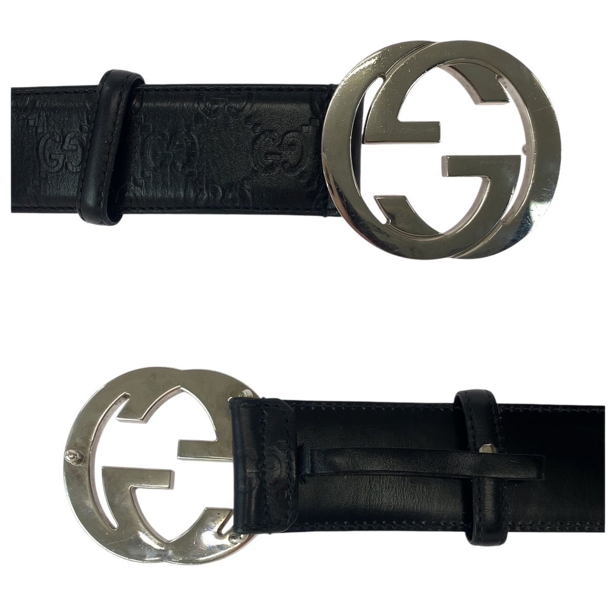 Gucci Guccissima Interlocking 85 Black Silver Leather Belt Buckle