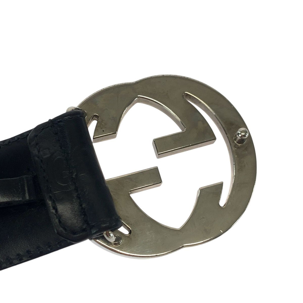 Gucci Guccissima Interlocking 85 Black Silver Leather Belt Buckle