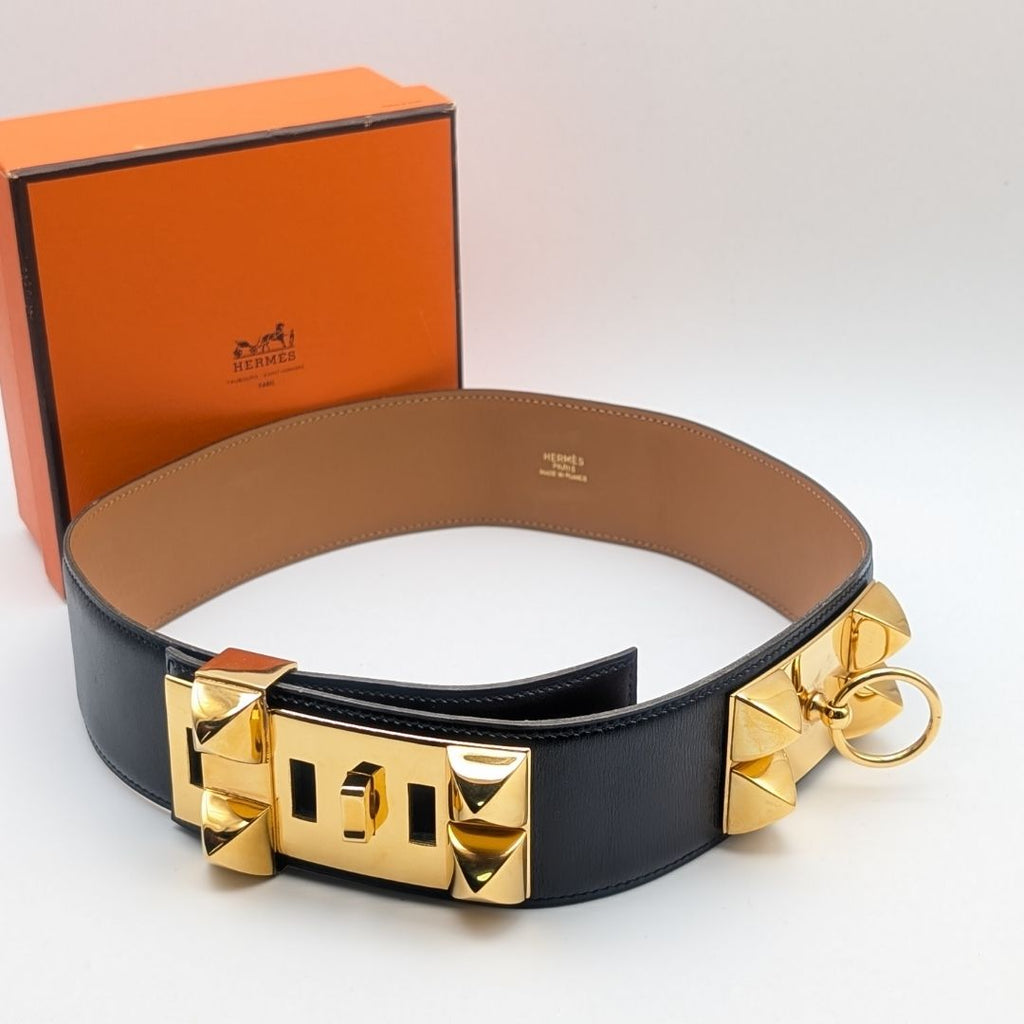 Hermes Collier de Chien Leather Black Belt Gold Medallion