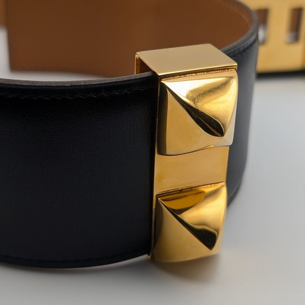 Hermes Collier de Chien Leather Black Belt Gold Medallion