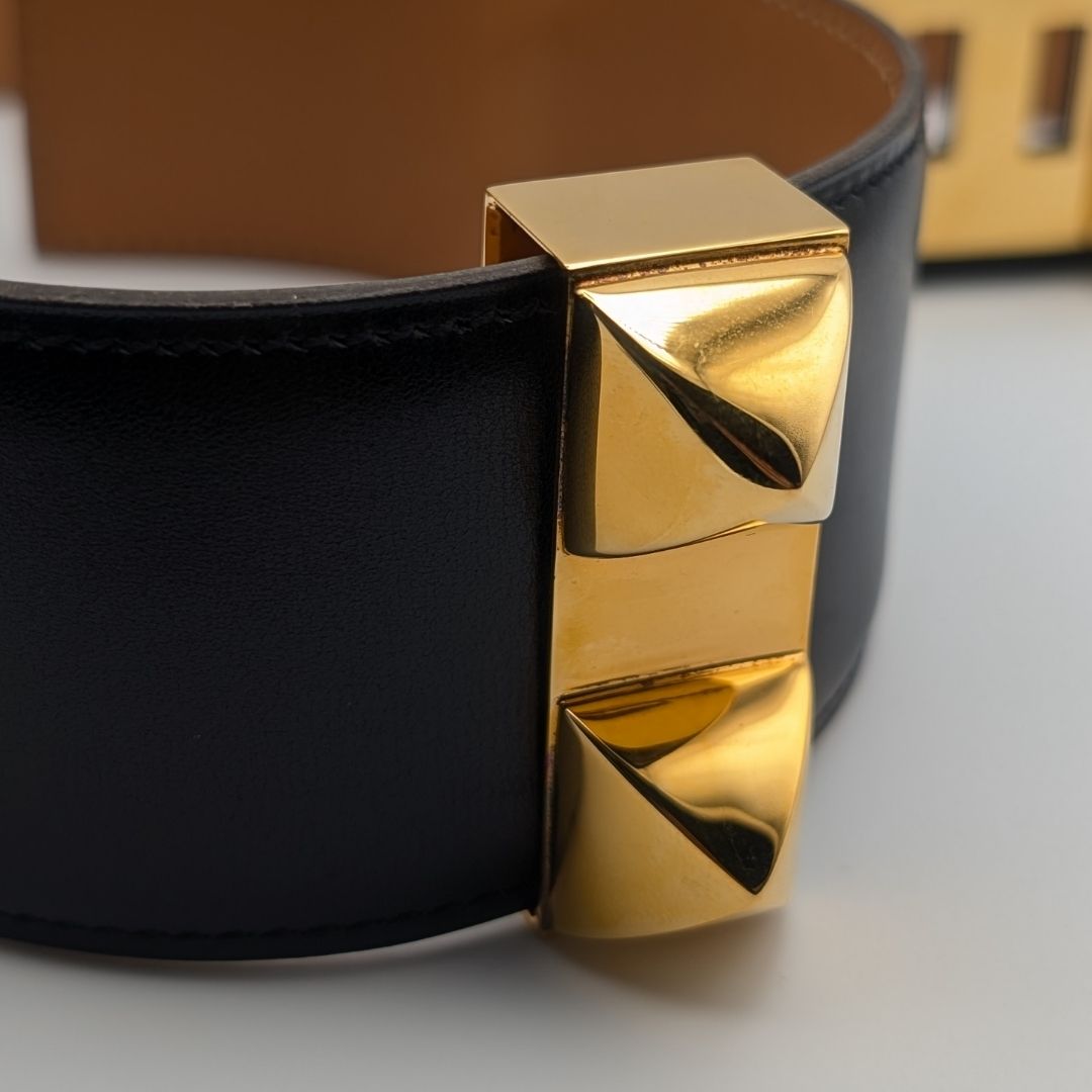 Hermes Collier de Chien Leather Black Belt Gold Medallion