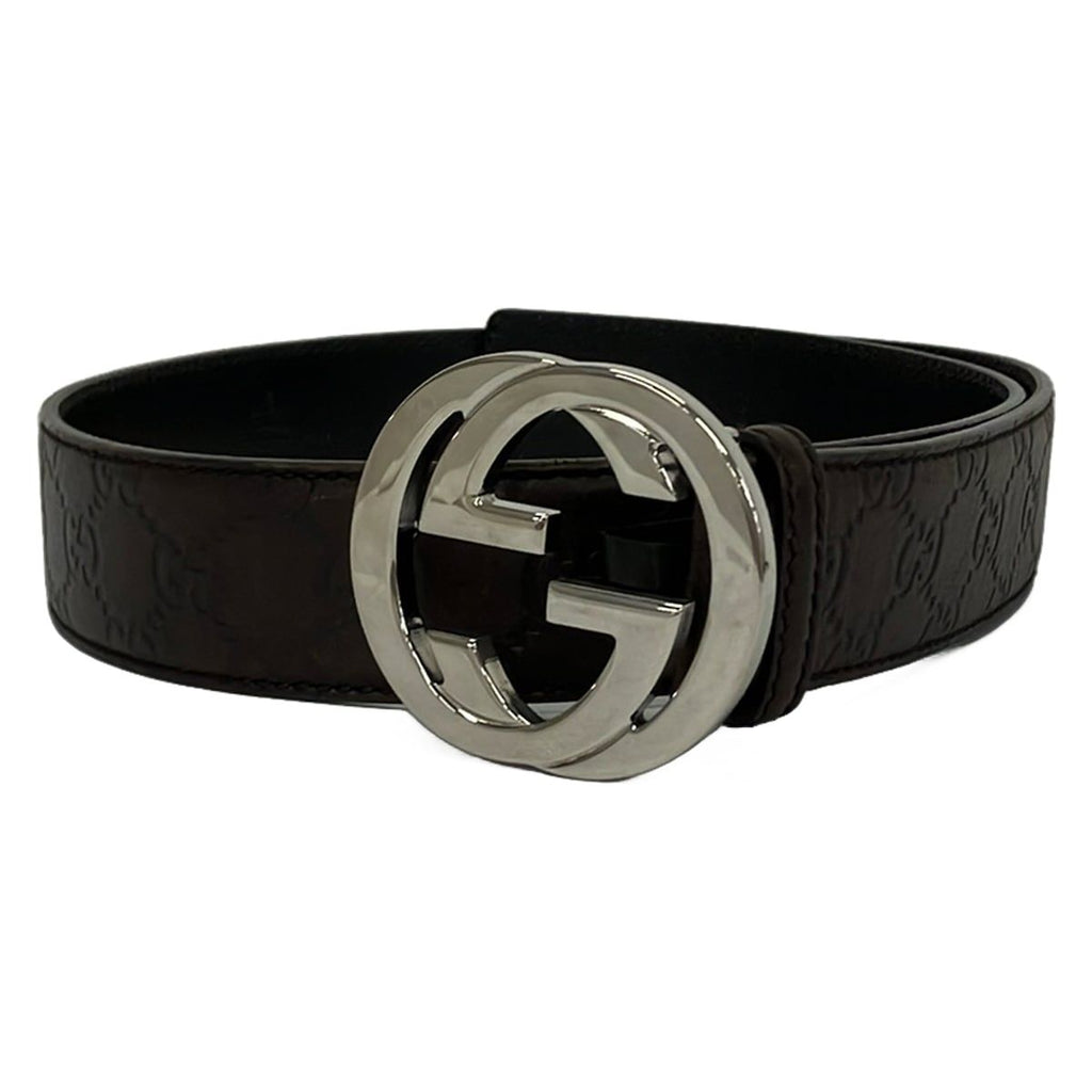 Gucci Belt 85 34 Dark Brown Silver Interlocking Guccissima Line Leather
