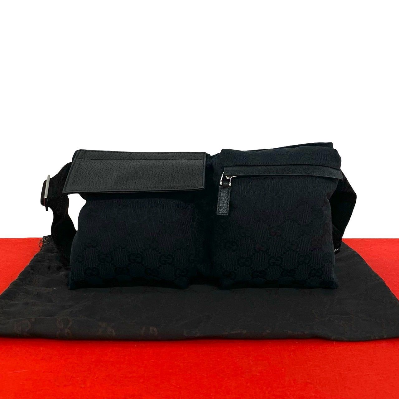 Gucci GG All Over Pattern Canvas Leather Belt Bag Waist Pouch Black