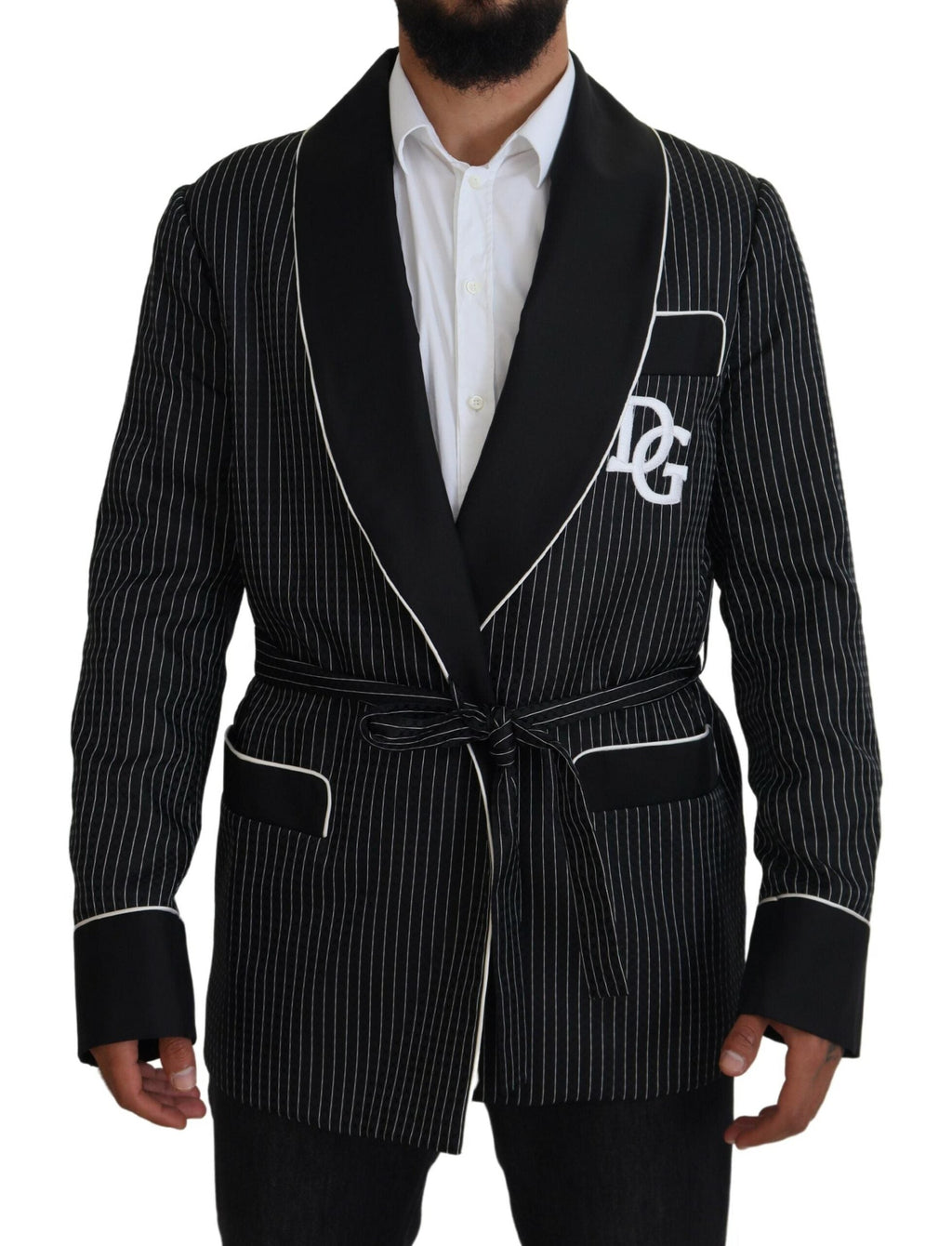 Dolce & Gabbana Dark Gray Robe Striped DG Patch Jacket Men Blazer