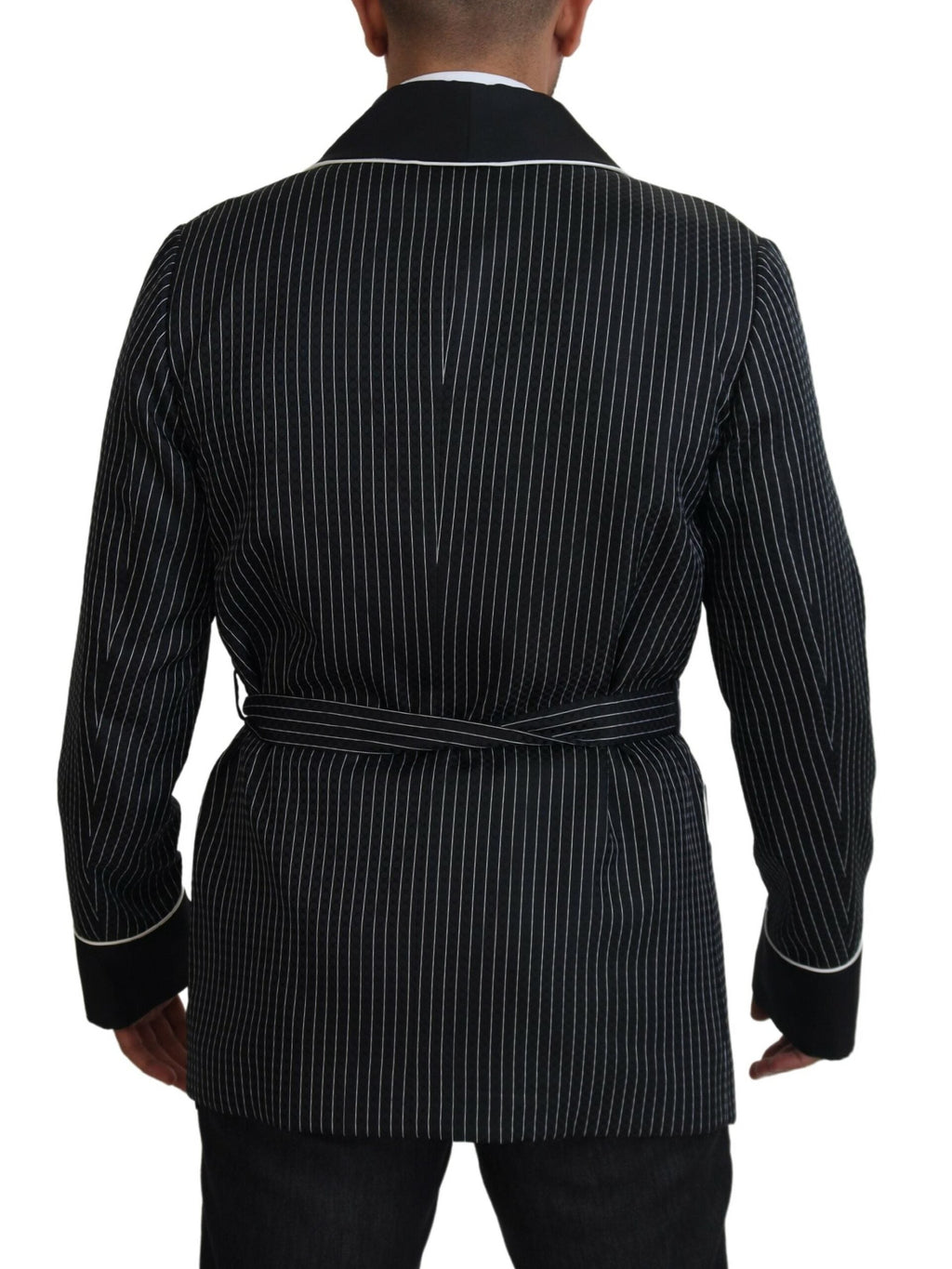 Dolce & Gabbana Dark Gray Robe Striped DG Patch Jacket Men Blazer