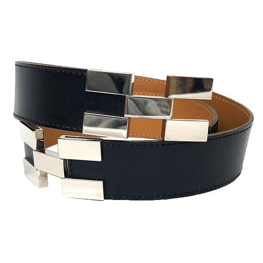 Hermes Leather Belt 38 Black Silver Vintage