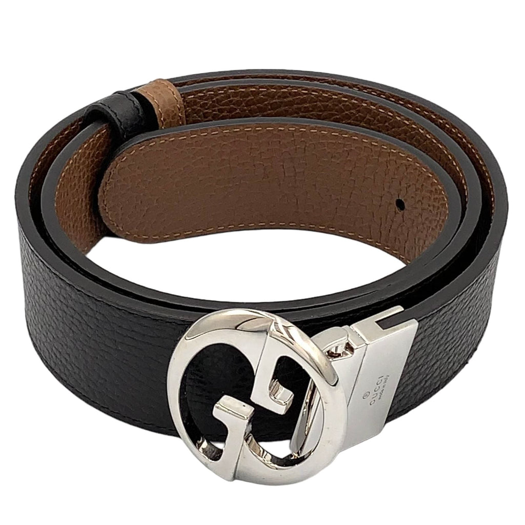 Gucci Interlocking Reversible Leather Brown Black Belt Silver