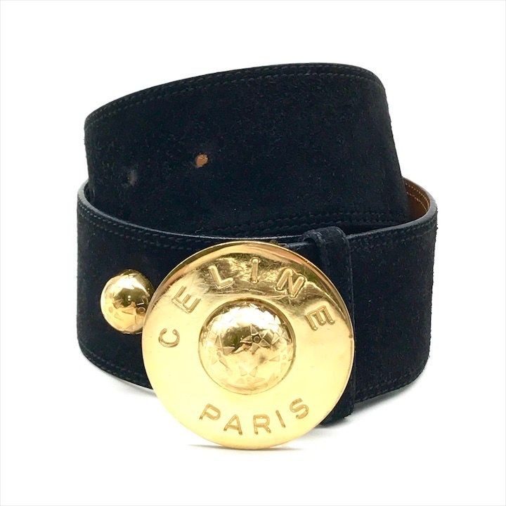 Celine Star Ball Belt 65 Suede Leather Black Gold