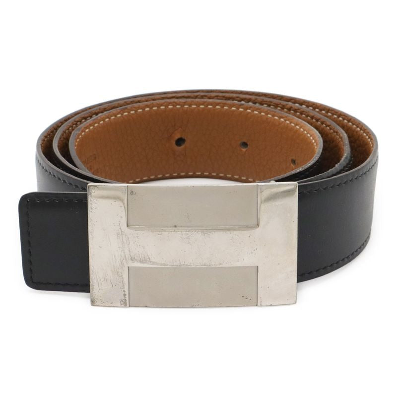 Hermes H Plate Belt Reversible Box Calf Togo Leather Black Brown