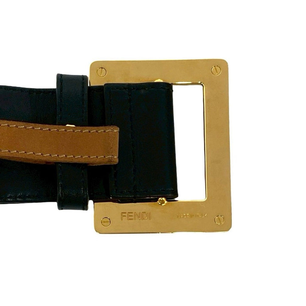 Fendi Pecan Pattern Stripe FF Logo Buckle Canvas Leather Belt