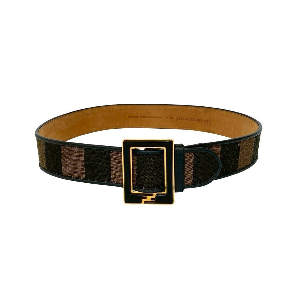 Fendi Pecan Pattern Stripe FF Logo Buckle Canvas Leather Belt