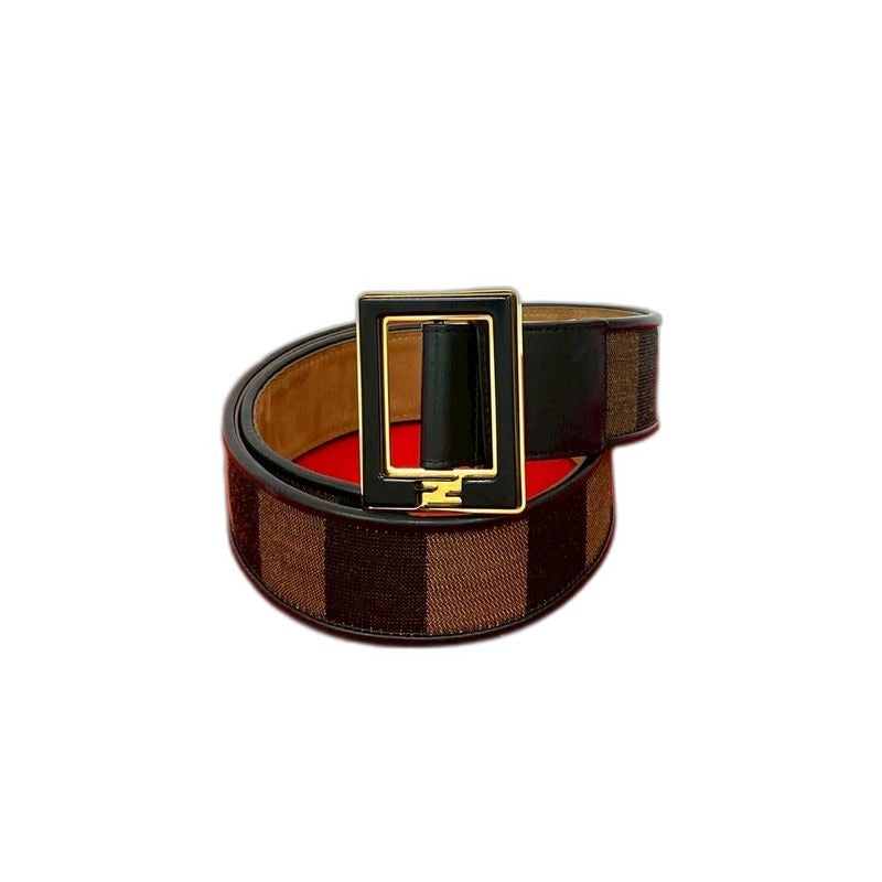 Fendi Pecan Pattern Stripe FF Logo Buckle Canvas Leather Belt