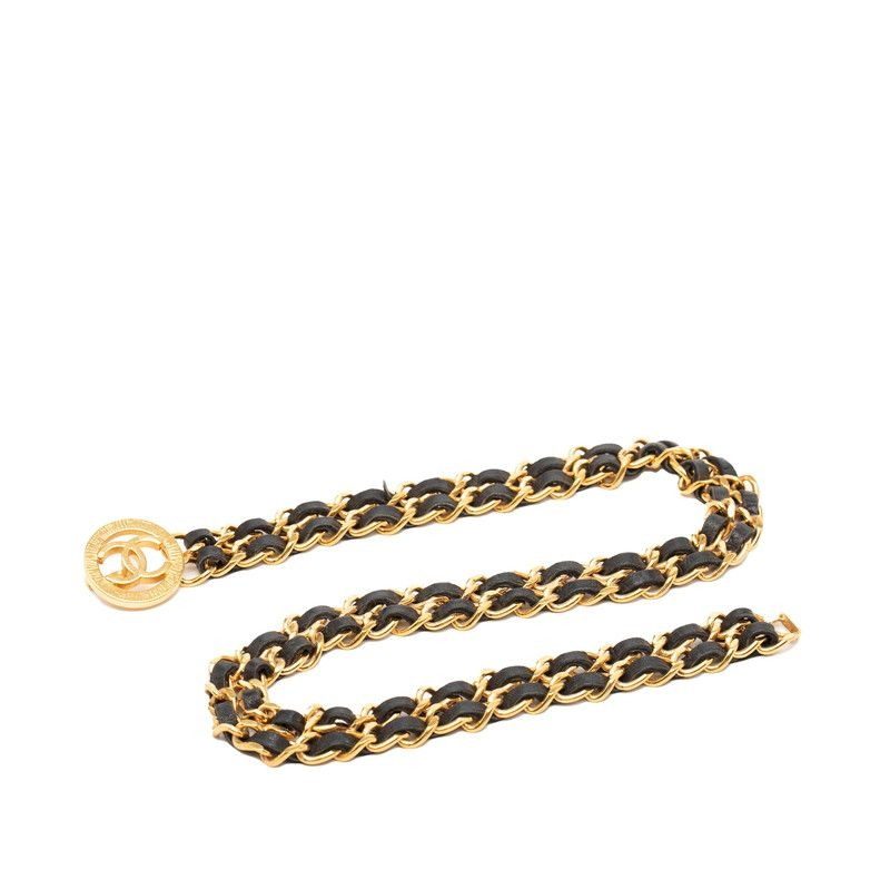Chanel CC Logo Chain Belt 2 Rows Gold Black Plated Leather