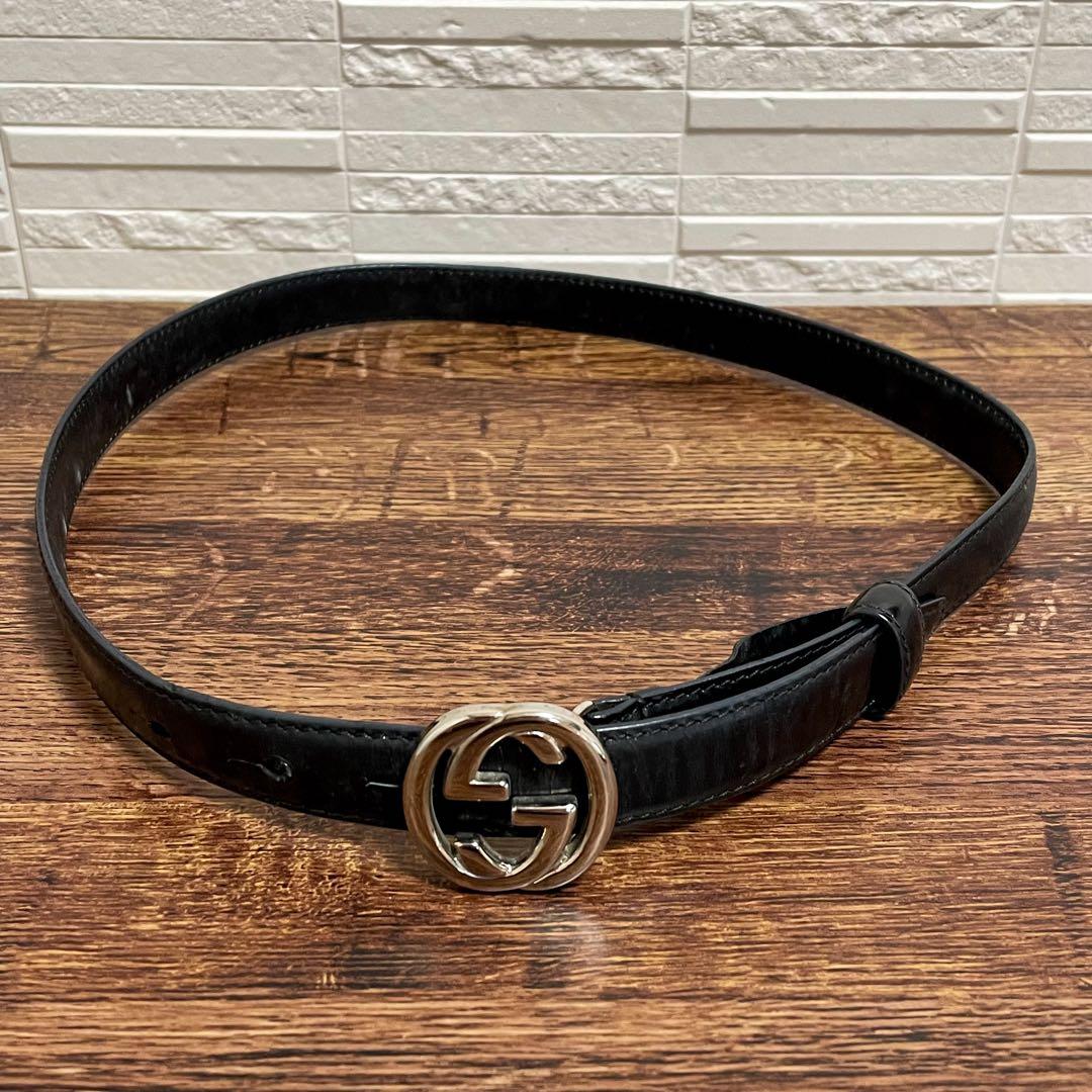 Gucci GG Interlocking Buckle Leather Belt Silver Black