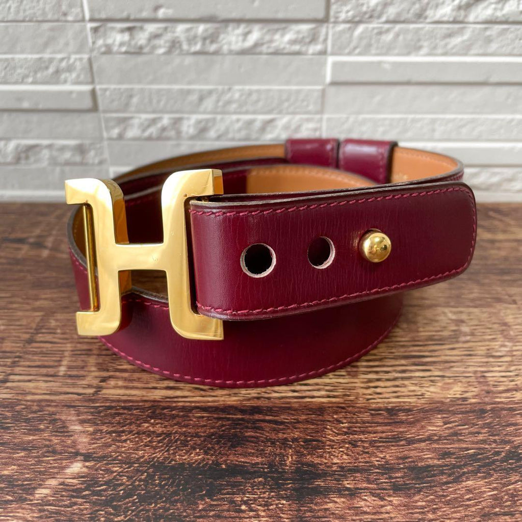 Hermes Leather Buckle Gold Belt Bordeaux