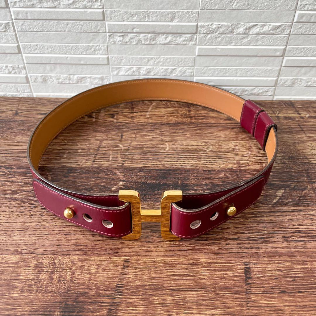 Hermes Leather Buckle Gold Belt Bordeaux