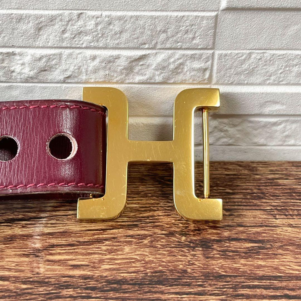 Hermes Leather Buckle Gold Belt Bordeaux