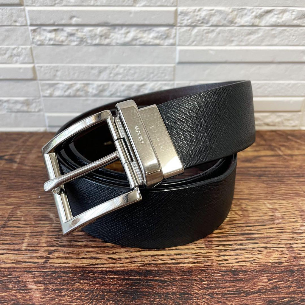 Prada Saffiano Leather Silver Buckle Belt Black