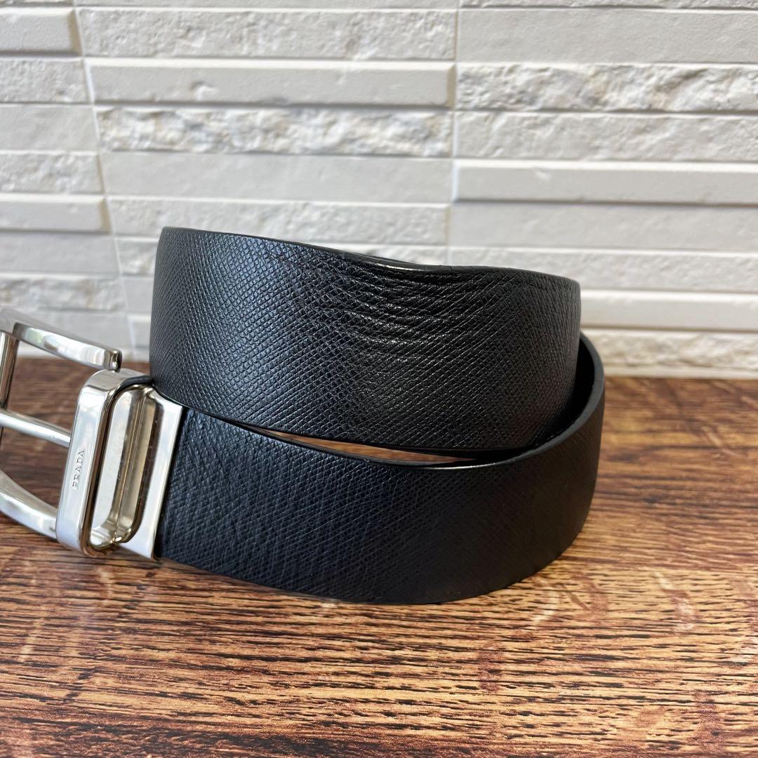 Prada Saffiano Leather Silver Buckle Belt Black