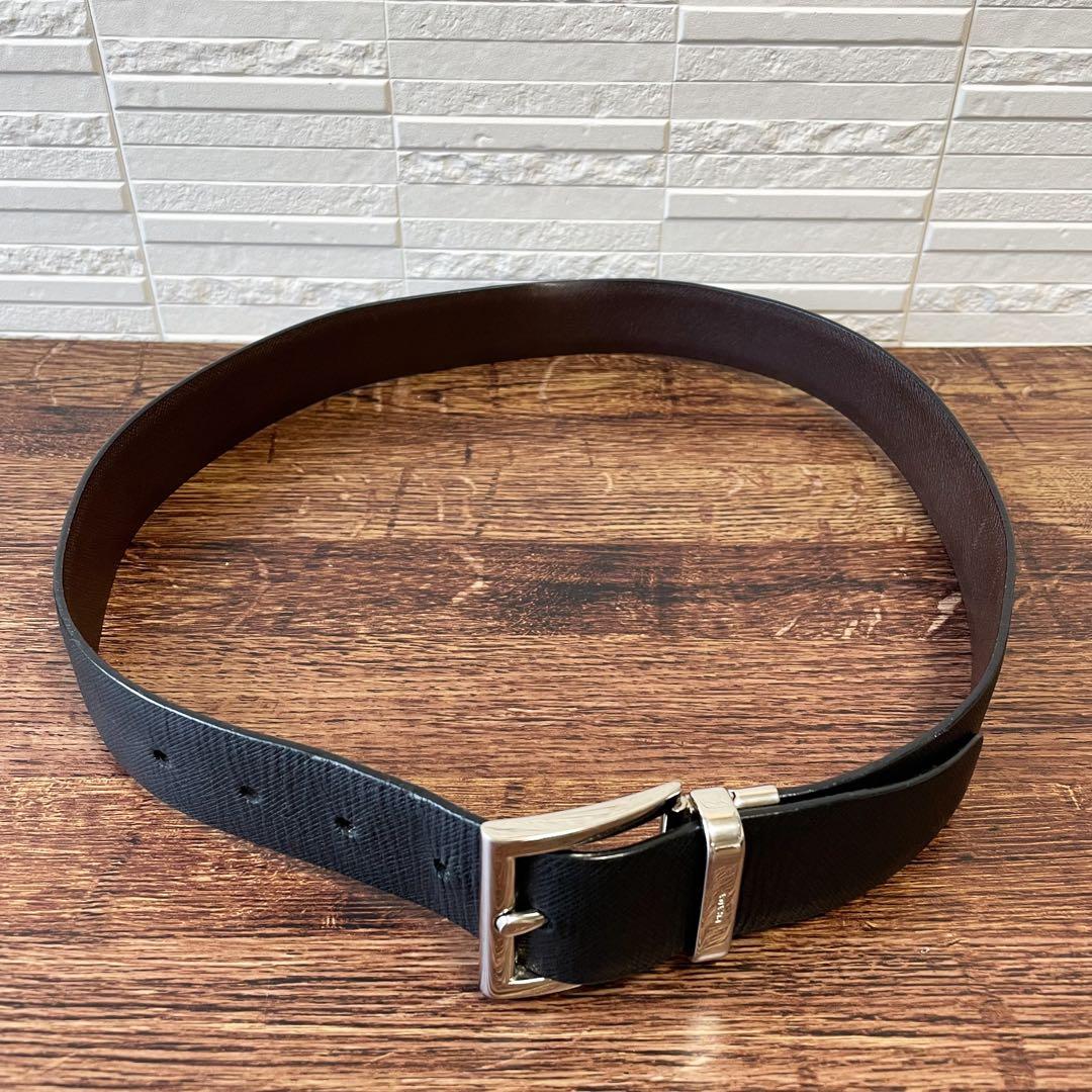 Prada Saffiano Leather Silver Buckle Belt Black